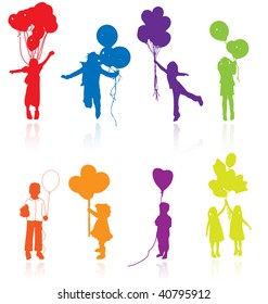 Colored Vector Silhouettes Of Kids, Children Playing, Jumping, Having Party With Balloons.