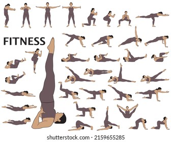 Colored vector silhouettes of woman practicing fitness and yoga. Collection of vector illustrations of sportive girl in costume doing exercises and work out. Healthy lifestyle concept. Fitness icons.