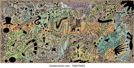 The colored vector sketch illustration of a fantasy world full of many different little elements