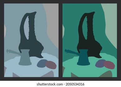 Colored vector still life. Household items on the table. Crockery and fabric. Jug and fruit. Stylized still life. Painting