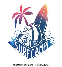 Colored vector surfing camp logo template with waves, surf board, palm tree and backpack on hand drawn lettering