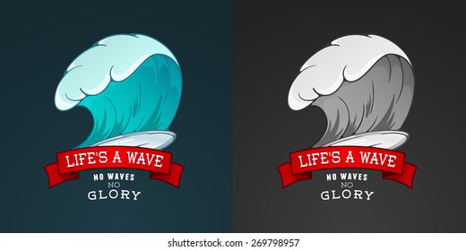 Colored vector Surfing illustration or emblem with lettering. Stylized image of surfboard. Design element, Logo. Surf. print on T-shirt