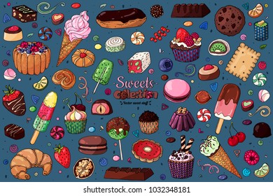 Colored vector sweet-stuff. Set of objects and symbols on the sweets theme.
