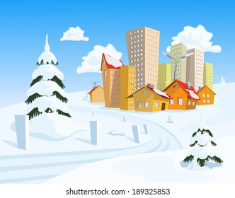 Colored Vector Town With Snowy Road