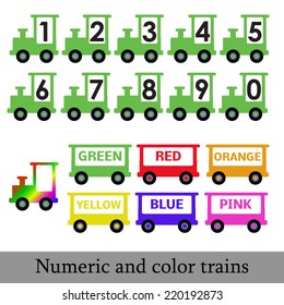 Colored Vector trains with numbers and color for preschool learning