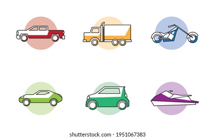 Colored vector vehicles - Line art icon set