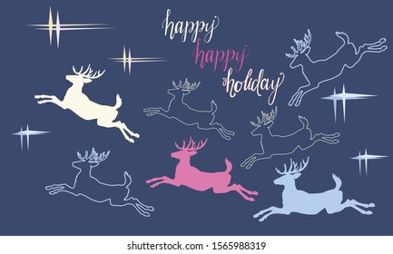 colored vector-isolated silhouettes of forest reindeer for Santa's Christmas sleigh on colored background, snowflakes and stars. 