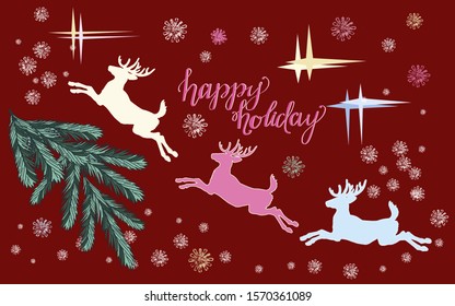 colored vector-isolated silhouettes of forest reindeer for Santa's Christmas sleigh on colored background, snowflakes and stars.
