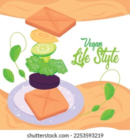 Colored vegan lifestyle poster Vegan sandwich Vector