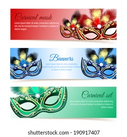 Colored venetian carnival mardi gras colorful party masks banners isolated vector illustration