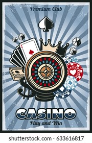 Colored vintage gambling poster with casino and poker elements on radial background vector illustration