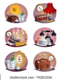 Colored Vintage Hotel Round Poster Set With Luggage Reception Card Ring Key Phone And Other Elements Vector Illustration