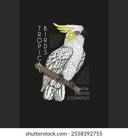 Colored vintage label with pen and ink hand drawn sketch of lemon-crested cockatoo parrot. For dark background. Vector illustration.