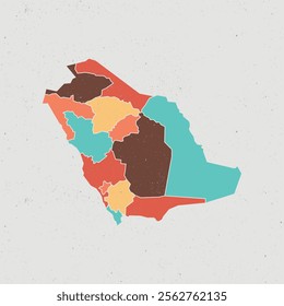 Colored vintage map of Saudi Arabia's territories, featuring states and borders. White flat design isolated on a white background. Highly detailed vector illustration.