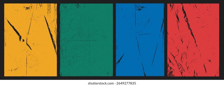 Colored vintage overlay textures with folded paper look, distressed scratches, dusty grunge marks, torn edges, and punk style creases. Vector textures damaged film frames, retro effects, or raw design
