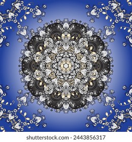 Colored. Vintage pattern. Invitation Card, Scrapbooking. Islam, Arabic, Indian, Turkish, Pakistan. Christmas Card Mandala Design. Decorative Indian Round Mandala on blue, white and gray colors.