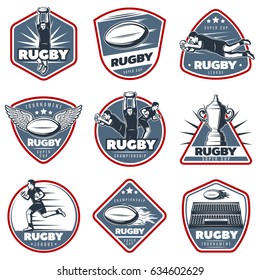 Colored vintage rugby labels set with players cup balls wings stadium isolated vector illustration