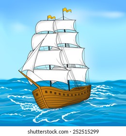 colored vintage sailing ship at sea and the sky