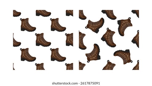 Colored vintage seamless pattern set  featuring detailed hiking boots drawn in classic hand sketched style. Perfect for outdoor gear branding, camping product packaging, travel apparel, and designs.