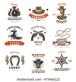 Coloreado vintage sheriff etiqueta conjunto con cintas y vaqueros salvajes rodeo salvajes juegos occidentales y diferentes descripciones Ilustración vectorial