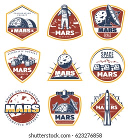 Colored vintage space labels set with inscriptions Mars exploration and research elements isolated vector illustration