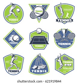 Colored vintage tennis emblems set with players rackets balls cup open court clothes judge chair isolated vector illustration