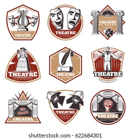 Colored vintage theatre labels set with actors carnival and theatrical elements in hand drawn style isolated vector illustration