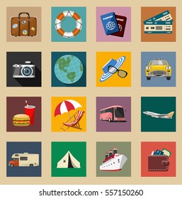 Colored Vintage Travel and Vacations Icons Set