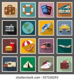 Colored Vintage Travel and Vacations Icons Set