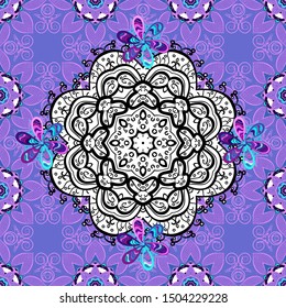 Colored. Vintage vector decorative ornament. Orient, symmetry lace, fabric. Wedding, holiday card. Ethnic texture. East, Islam, Indian, motifs. Arabic Mandala pattern on black, white and violet colors