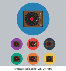 Colored Vinyl Turntable, Retro Record Player Icon Set. Vector Illustration