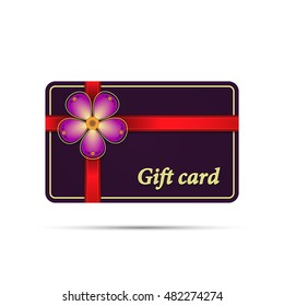 Colored violet gift card illustration with ribbon and flower. Gift card sign. Vector isolated object.