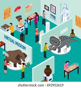 Colored virtual travel landmarks museum isometric composition with visitors see the sights vector illustration