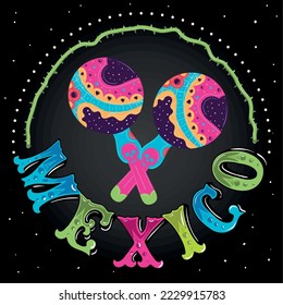 Colored viva mexico poster with mariachi maracas Vector illustration