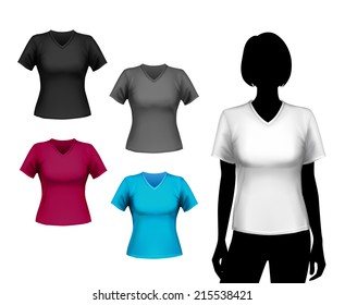 Colored v-neck t-shirts female set with woman body silhouette isolated vector illustration