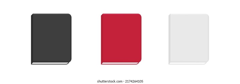 Colored volumes of books. Red paperback textbook black large magazine and white scientific vector textbook