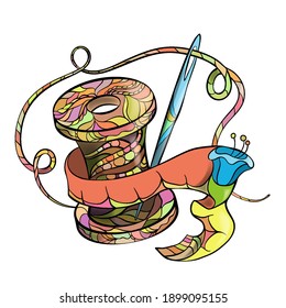 Colored volumetric zentangle from plant patterns, a picture of a spool of thread with a needle, decorative sewing supplies