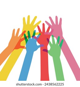 Colored volunteer crowd hands. Hand drawing lettering Volunteering. Raised hand silhouettes. Volunteer education poster mockup, vector illustration.