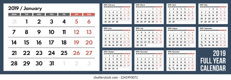colored wall calendar 2019, starts monday