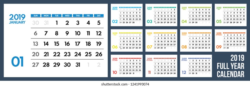 colored wall calendar 2019, starts sunday