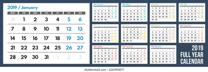 colored wall calendar 2019, starts monday