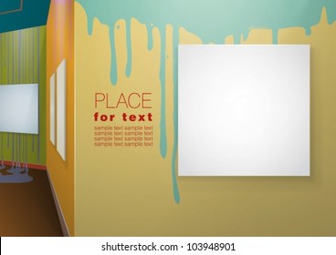 Colored walls with paint splashes and empty canvases hanging on them. Vector eps10