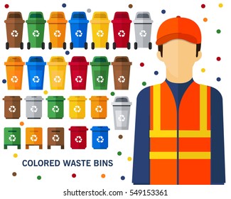 colored waste bins concept background. Flat icons.