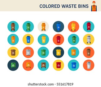 colored waste bins concept flat icons.