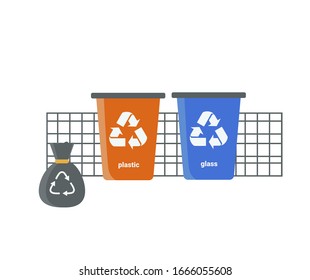 Colored waste bins. Waste management . Plastic Garbage bag full of trash