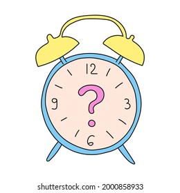 Relojes de color con un signo de interrogación rosa en lugar de flechas. Ilustración vectorial para imprimir en una postal, textiles, carteles, portada.