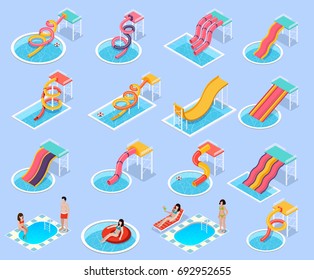 Colored Water Park Aquapark Isometric Icon Set With Different Types Of Waterslides And Jacuzzi And Swimming Pools Vector Illustration 