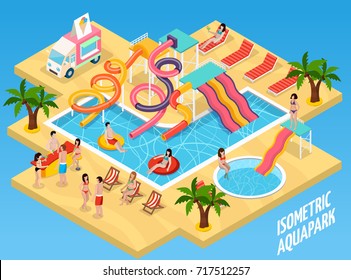 Colored water park aquapark isometric composition with sand beach sun beds swimming pool and visitors vector illustration