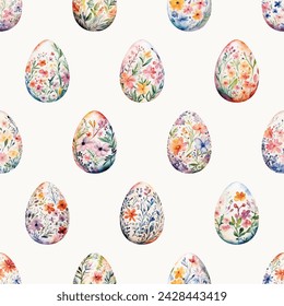 Colored watercolor Easter eggs with flowers on white background.  Easter seamless pattern, vector illustration.  Texture for fabric, wrapping, wallpaper, print
