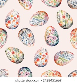 Colored watercolor Easter eggs with flowers on white background.  Easter seamless pattern, vector illustration.  Texture for fabric, wrapping, wallpaper, print